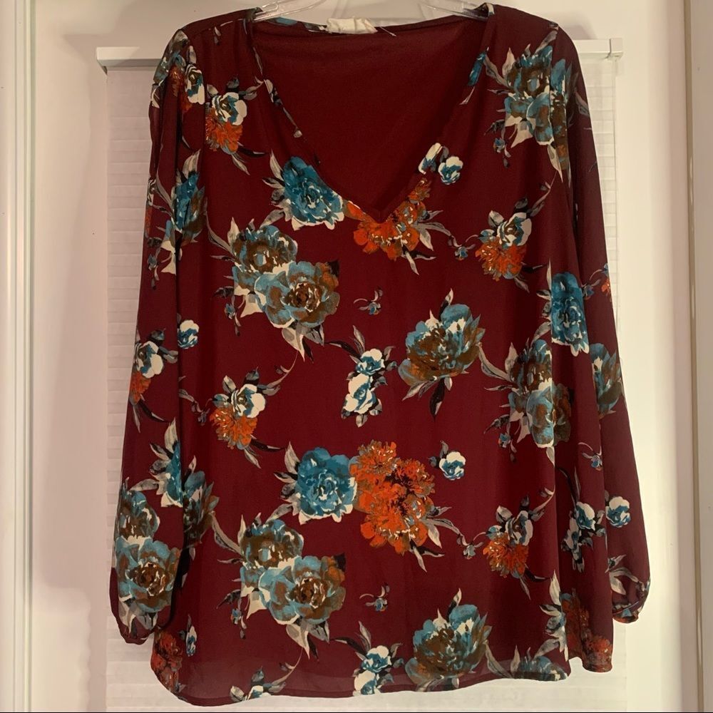 Peach Love California Burgandy Floral Top Medium Made in USA